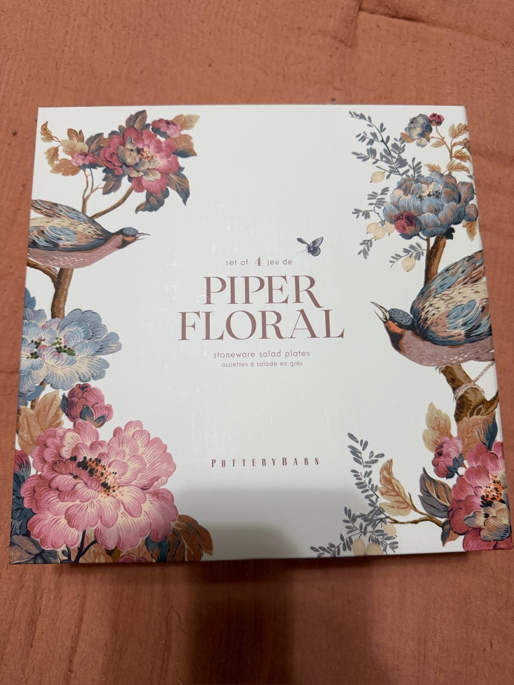 NIB Pottery Barn Piper Floral Stoneware Salad Plates Set of 4 Bird Botanical New